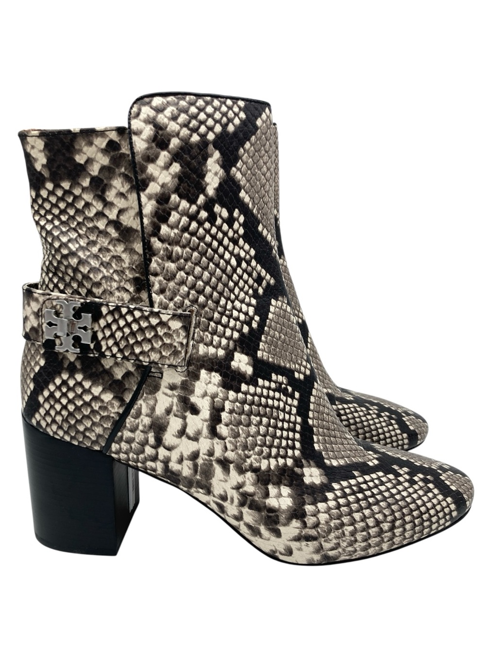 Tory Burch Kira 70mm Snakeskin Print Leather Turnlock Heeled Booties